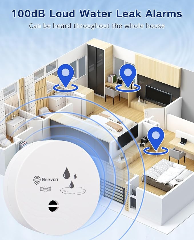 Geevon 2 Pack Water Leak Detectors, 100dB Water Sensor Alarms Flood Detector for Basements, Bathrooms, Laundry Rooms, Kitchens, Garages, and Attics, Water Alarms Battery-Operated (Battery Included) - Image 2
