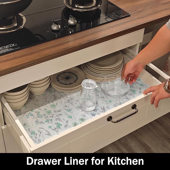 Blue and Green Floral Shelf Liners Non Adhesive and Strong Non-Slip Shelf and Drawer Liners for Kitchen Cabinet Wire Fridge, Waterproof Shelf Drawer Liner,Easy to Clean,12IN x 10FT - Image 3