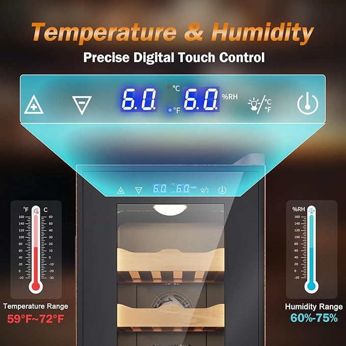 Electric Humidor with Leather-35L Cooling & Heating Humidor, Smart Touch Control Humidity & Temp, Humidors wtih Spanish Cedar Wood Tray and Drawer, Digital Display, Safety Lock, Desktop Gift for Men - Image 2