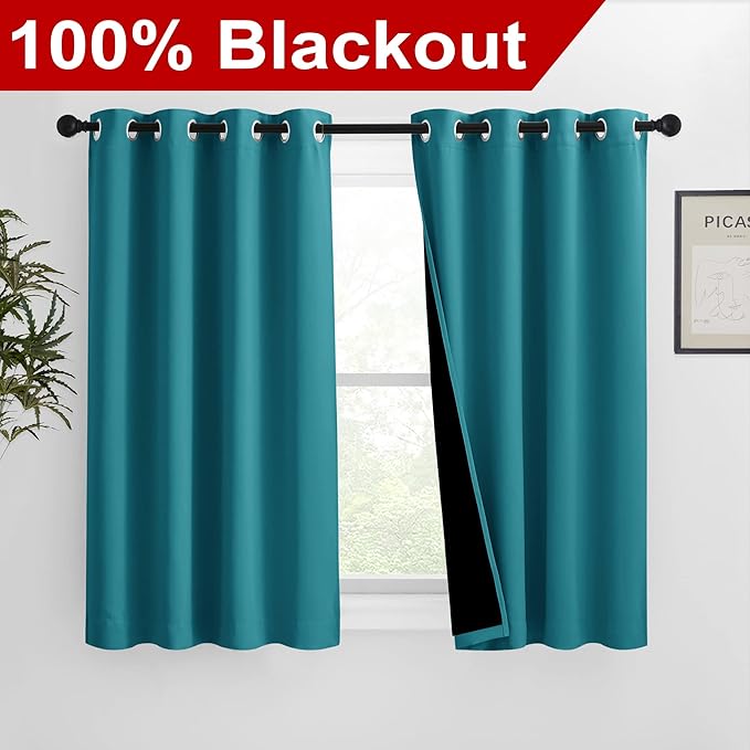 NICETOWN 100% Blackout Curtains 54 inches Long, Double-Deck Completely Blackout Window Treatment Thermal Insulated Lined Drapes for Small Window (Peacock Teal, 1 Pair, 46 inches Width Each Panel) - Image 2