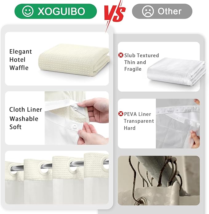 No Hook Shower Curtain and Liner Set,Cream Hotel Waffle Shower Curtain with Liner 81" L x 72" W - Image 5
