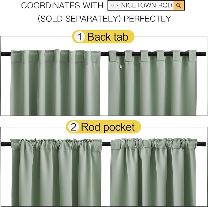 NICETOWN Window Treatment Blackout Window Blinds - (Greyish Green Color) 52x72 inch, 1 Pair, Back Tab/Rod Pocket Blackout Draperies for Bedroom - Image 3