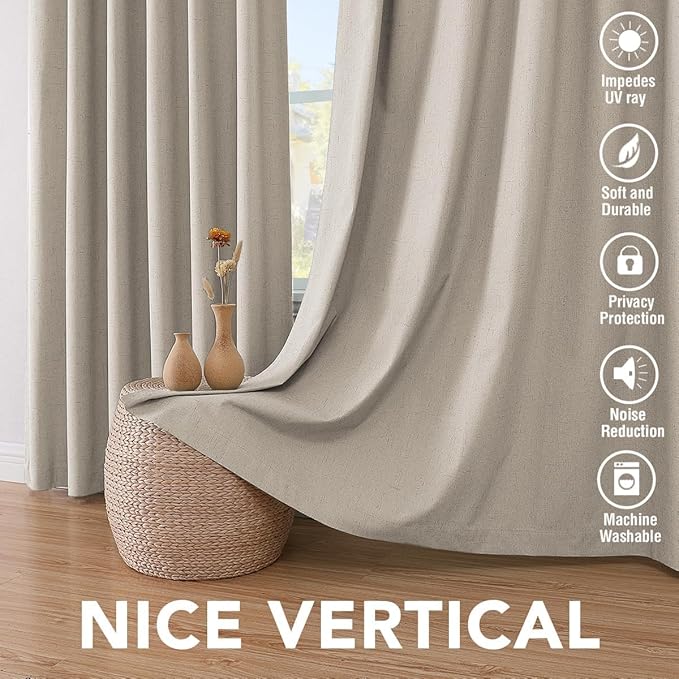 H.VERSAILTEX Linen Curtains 100% Blackout Curtains for Bedroom 90 inch Long Full Light Blocking Nature Linen Blended Window Curtains for Living Room Nickel Grommet (2 Panels, Cobblestone) - Image 7