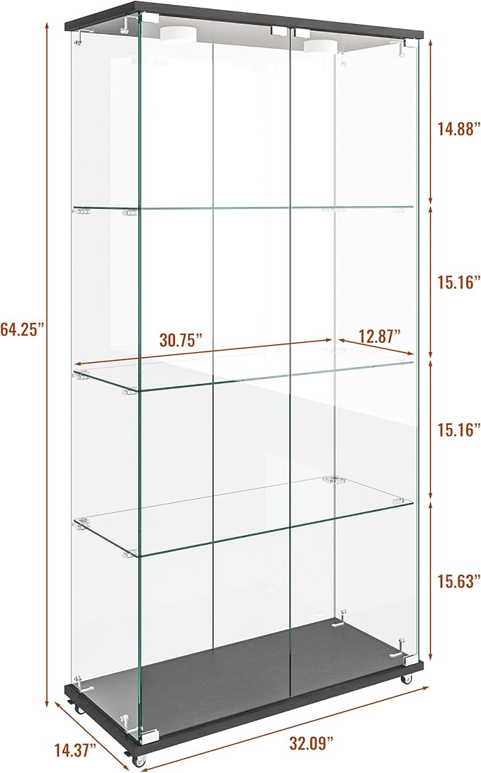 Yoluckea 4-Tier Glass Display Cabinet with LED Lighting, 2-Door Floor Standing Curio Cabinet with Universal Wheel for Home, Office, or Corner Display, Black Glass Bookshelf for Collections and Decor - Image 2