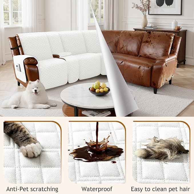Arfntevss Waterproof Recliner Sectional Couch Covers for Reclining L Shape Sofa Cover Non Slip Washable L Shaped Slipcover Sets for Dog Furniture Protector (5 Seat with 1 Console Cover, Cream White) - Image 6