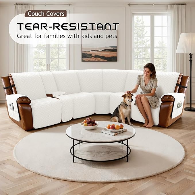 Arfntevss Waterproof Recliner Sectional Couch Covers for Reclining L Shape Sofa Cover Non Slip Washable L Shaped Slipcover Sets for Dog Furniture Protector (5 Seat with 1 Console Cover, Ivory) - Image 7