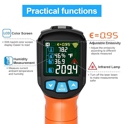MESTEK Infrared Thermometer Gun, Non Contact Digital Laser Thermometer Temperature Gun with Color LCD for Cooking, Home Repairs, Humidity Measurement, Adjustable Emissivity -58°F to 1472°F(-50~800°C) - Image 4