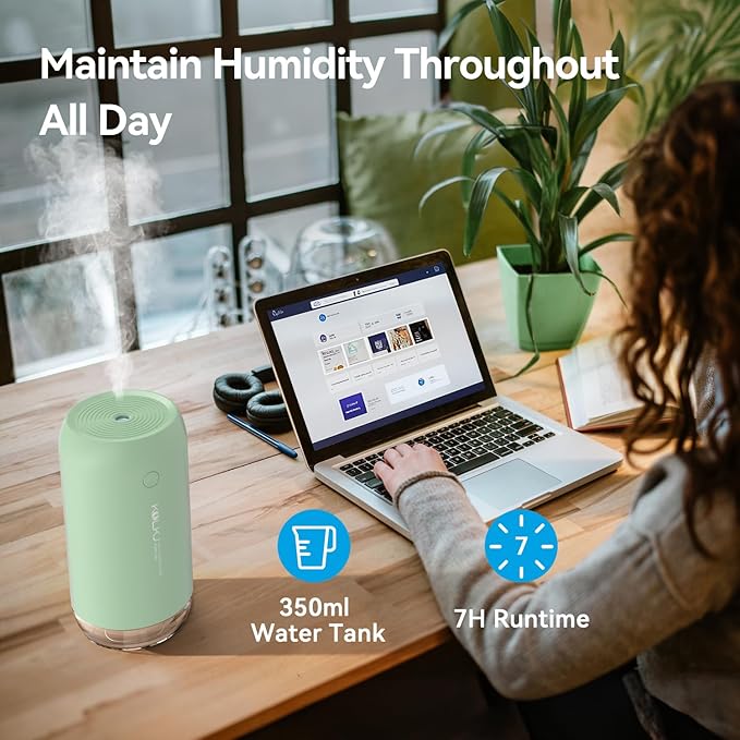 Portable Mini Humidifier, KQLKJ 350ml Small Cool Mist Humidifier, USB Personal Desktop Humidifiers for Bedroom Car Office Travel with Auto Shut-Off & 2 Mist Modes (Green) - Image 3