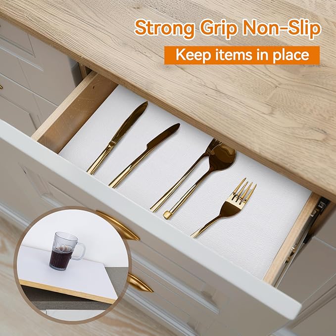 Shelf and Drawer Liner for Kitchen Cabinets Non-Adhesive, Strong Grip Non-Slip Thickened Cabinet Liners for Shelves, Waterproof Mats for Dresser Cupboard, White, 24 in x 10 Feet - Image 2
