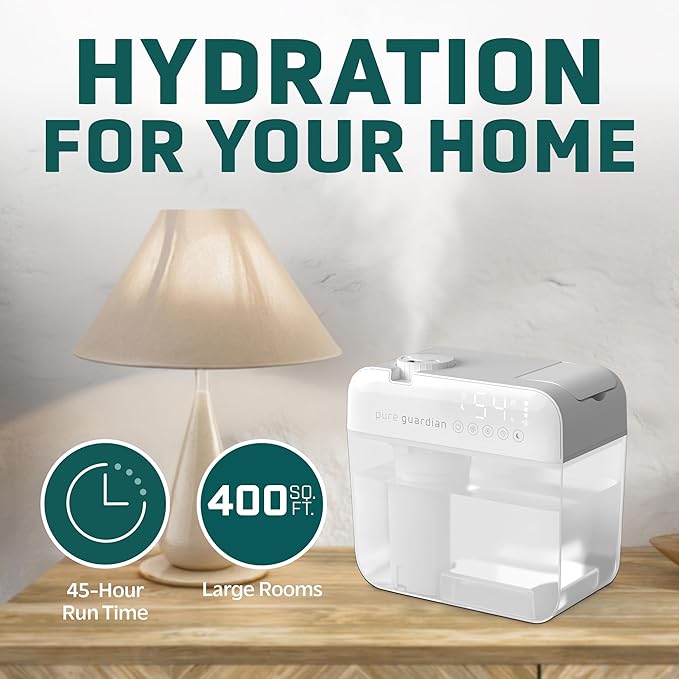 PureGuardian 1 Gallon, Cool Mist Ultrasonic Humidifier, 48-Hour Run Time, Coves 410 Sq. Ft., Humidistat, Timer, Filter Free for Bedrooms, Offices, Home, White, H1050W - Image 4