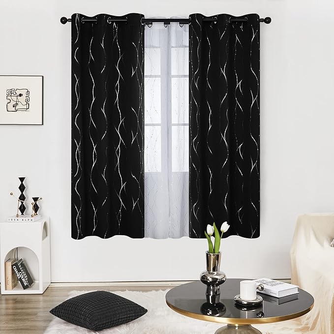 Deconovo Blackout Curtains for Bedroom, 72 Inch Length - Room Darkening Curtains, Window Grommet Curtains, Wave Line and Dots Pattern (W38 X L72, Black, Set of 2) - Image 2