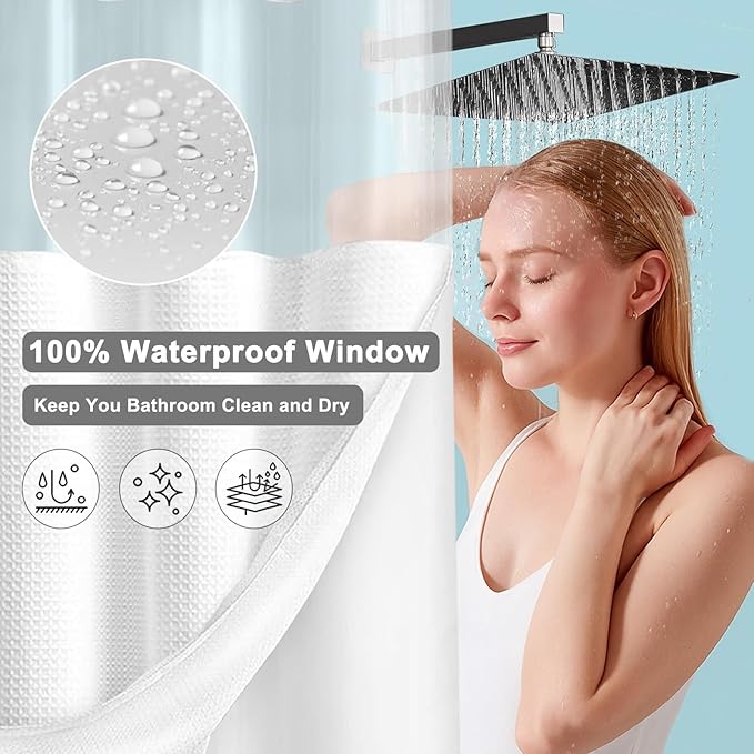 No Hook Shower Curtain with Fabric Liner White Hotel Waffle 75" L x 72" W,EVA Clear Window Shower - Image 4