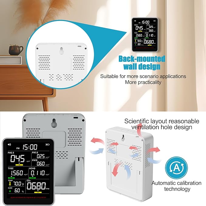 XOOPON 13-in-1 Indoor Air Quality Monitor with PM1.0/2.5/10, CO2, HCHO, TVOC, Temp, Humidity & Time, 4 Alarm Modes, Portable Air Quality Tester for Home, Office, Car, Wall-Mount or Desktop Use - Image 5