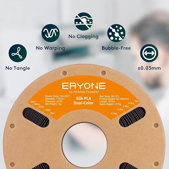 ERYONE Silk Dual Color PLA Filament 3D Printer 1.75mm +/- 0.03mm, Bicolor Filament Two Tone PLA 1KG(2.2lbs) Cardboard Spool, Black Red - Image 4