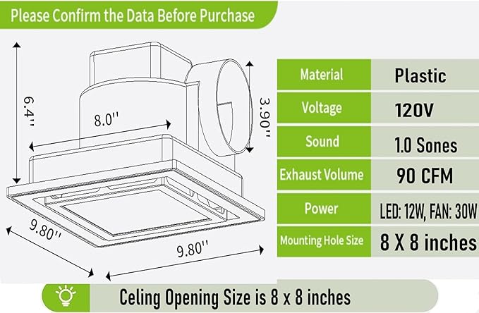 Bathroom Exhaust Fan with LED Light Ceiling Mount Ventilation Fan 118 CFM 1.0 Sones 4 Inch Duct Quiet Bathroom Vent Fan with Light Combo 5000K for Home Bath Hotel-Squares - Image 3