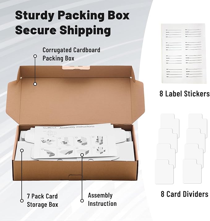 NUMINA 7 Pack 600 Card Storage Box Organizer for Trading Card Collection, Heavy Duty Sports Cardboard Box, Trading Gaming Cards Storage Box with Adjustable Dividers - Image 7