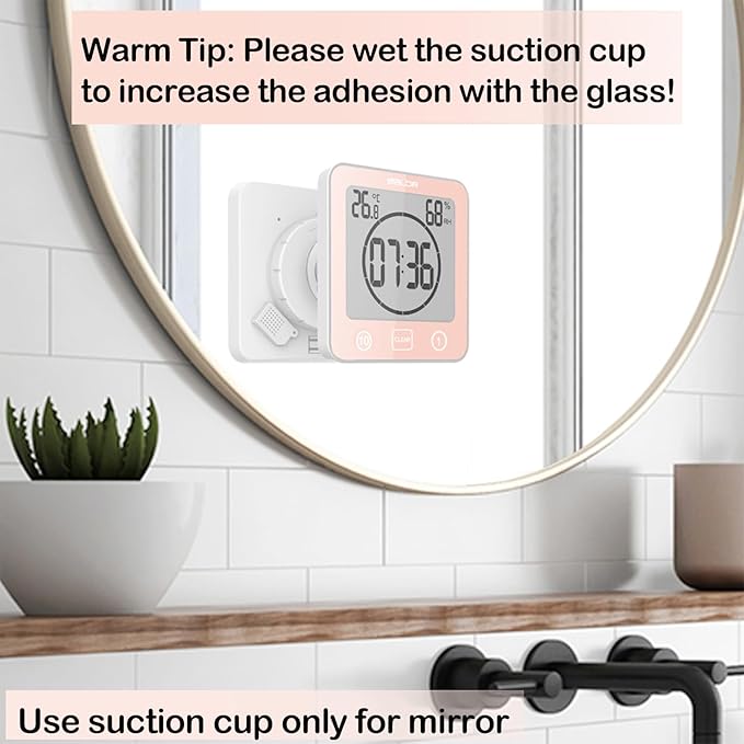 Waterproof Bathroom Wall Clock and Timer, Digital Water Resistant Hanging Timer for Shower, Large Display Kitchen Cooking Countdown Timers, Mirror Suction Clock with Temperature Humidity Meter (Pink) - Image 2