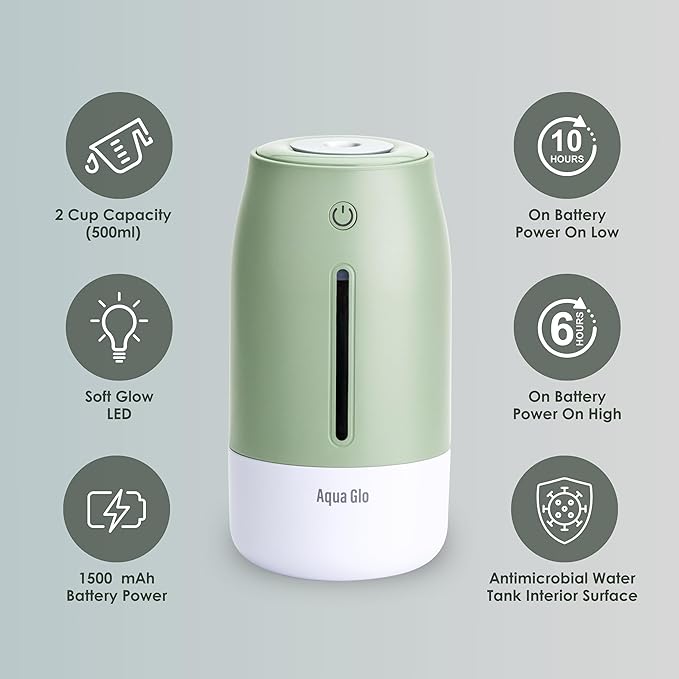 Aqua Glo Personal, Portable Humidifiers for Bedroom – Ultrasonic Cool Mist Humidifier with Built In Rechargeable Battery. Air Humidifier for Baby, Plants, Home, Office, Travel. Mint Green - Image 4