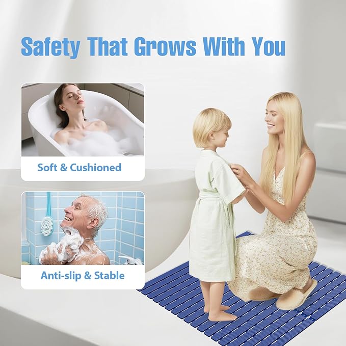 ​Shower Mat Non-Slip Bath Mat for Tub and Shower Stall,200+ Suction Cups with Drain Holes, Quick Dry Machine Washable, Extra Grip for Stand Up Showers, Bathroom Essentials 24x24 Inch (Blue) - Image 8