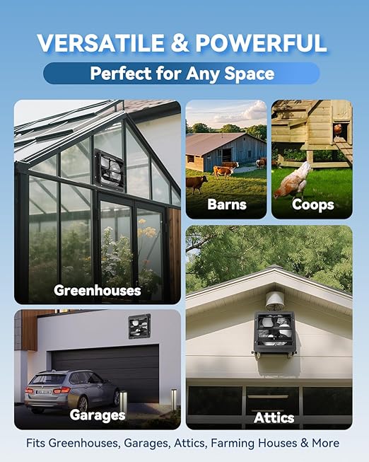 12" Wall Mounted Shutter Exhaust Fan with Thermostat - Temperature Humidity Controller, EC Motor, Aluminum Auto Shutter Ventilation Fan, Attic Vent Fan, Coops, Greenhouse, Barn, Shed Ventilator - Image 7
