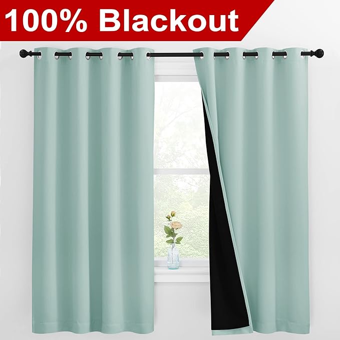 NICETOWN Aqua Blue 100% Blackout Lined Curtains, 2 Thick Layers Completely Blackout Window Treatment Thermal Insulated Drapes for Kitchen/Bedroom (1 Pair, 55-inch Width x 68-inch Length per Panel) - Image 2