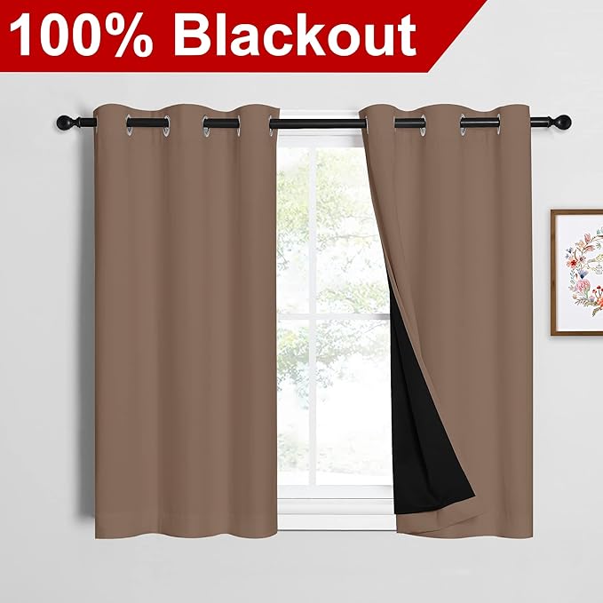 NICETOWN Cappuccino Bedroom Full Blackout Cold Blocking Short Curtain Panels, Super Thick Insulated Window Covers, 100% Blackout Blinds with Black Liner for Small Window(Set of 2, 42 by 45-inch) - Image 2