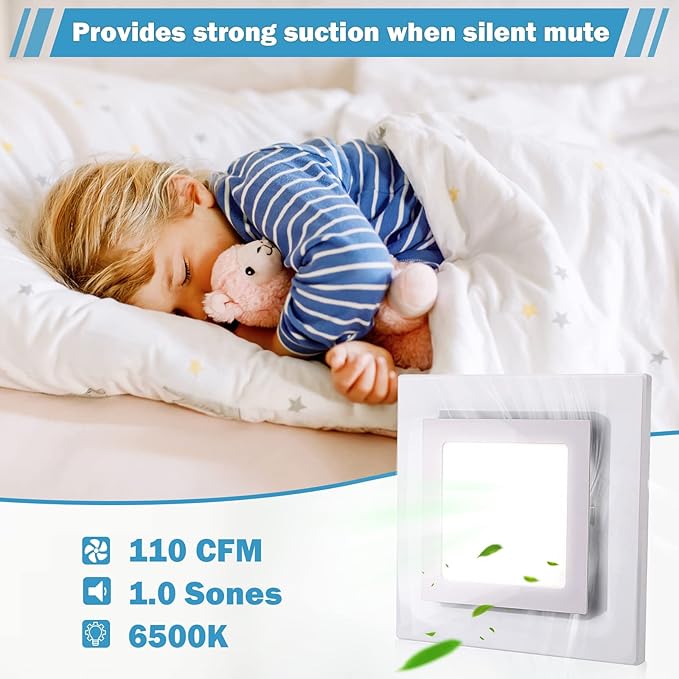 FEITON Bathroom Exhaust Fan with Light, Ceiling Mount, 110 CFM 1.0 Sones 4 Inch Duct, Quiet Square Bath Fan Light Combo, Shower Exhaust Fan with Light - Image 9
