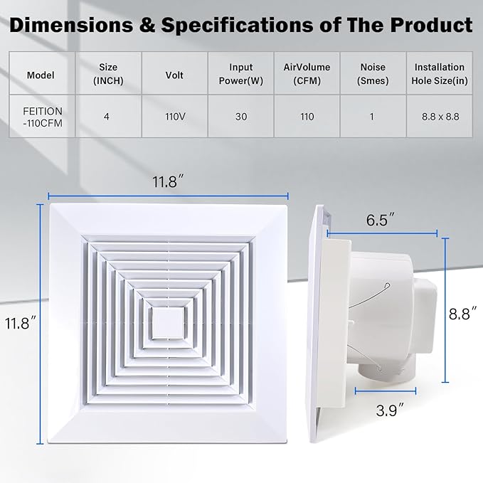 FEITON 110 CFM Bathroom Fan Exhaust Fan Ceiling Mount, 30W, 110V, 1.0 Sones, Square Quiet Ventilation, 4-in Duct, 8.8" x 8.8" Mounting Hole - Image 2