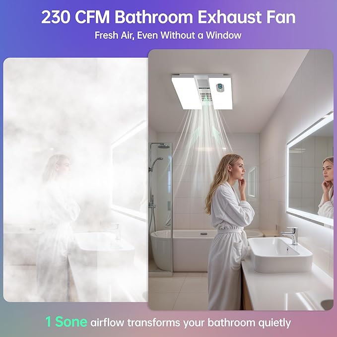 Bathroom Exhaust Fan with Heater, Light, Bluetooth Speaker and Odor & Humidity Sensors, 230 CFM Quiet Ceiling Fan with 3 Dynamic RGB Lighting, 3CCT - Remote App Control - Works with Alexa - Image 2