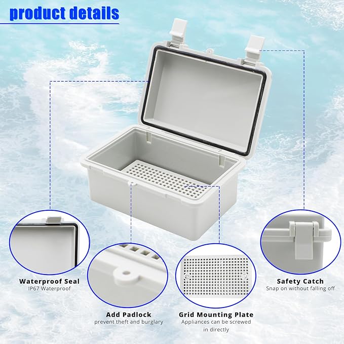MAKERELE Outside Small Outdoor Junction Box Waterproof Electrical with Lock and Wall Bracket 5.9" 3.9" 2.8" (15010070mm) Hinged Cover Grey Plastic Clip Project ABS Plastic Case with 2 NPT 1/4” Glands - Image 4