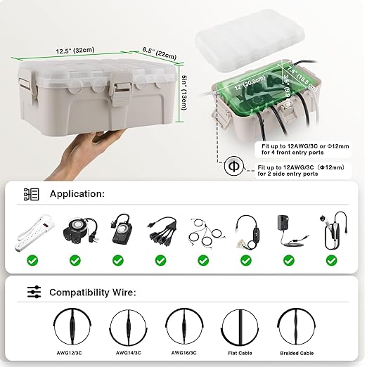 Flemoon Outdoor Electrical Box with Transparent Lid, IP54 Waterproof Electrical Box Outdoor, Large Weatherproof Extension Cord Cover with Clear Cover for Photocell Light Sensor Timer, Outlet, Almond - Image 3