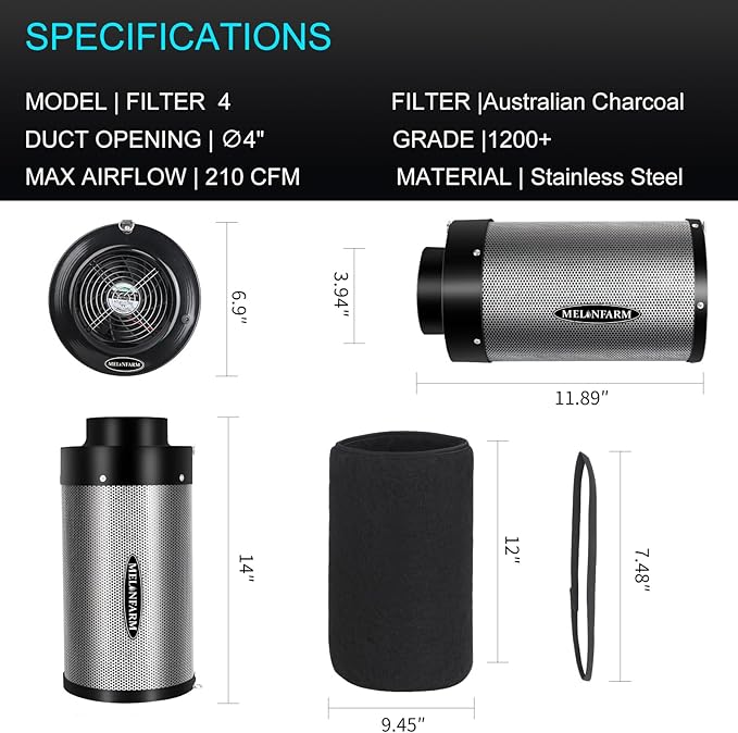 MELONFARM 4 inch Air Carbon Filter Smelliness Control with Australia Virgin Charcoal, Built-in 14cm Fan Low Nois and Speed Controller, Smelliness Scrubber for Inline Duct Fan, Grow Tent 4" x 12.6" - Image 6