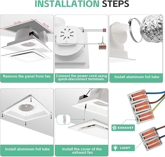 Bathroom Exhaust Fan with Light,11.8 in Panel,12W Square LED,141 CFM,0.7 Sones,110V 45W Quiet Bathroom Ventilation Exhaust Fan for Shower/Restroom/Office/Home (3-Colour LED) - Image 4