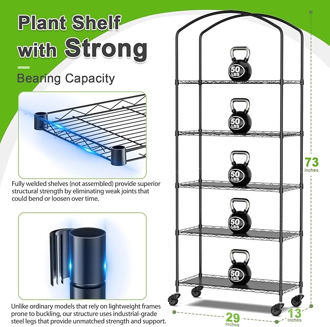 Abimars 5-Tier Greenhouse with Grow Light, Shelf Height Adjustable Metal Plant Shelf with PVC Cover and Wheels, Includes 5-Pack 2900K Full Spectrum Plant Lights, 13x29x73inch - Image 2