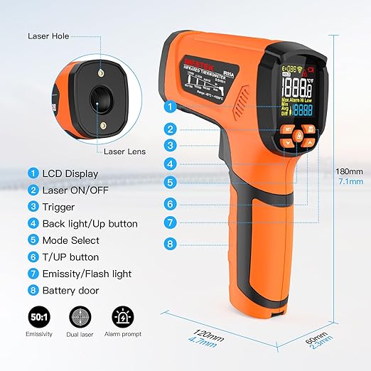 MESTEK Infrared Thermometer Temperature Gun -40℉~2912℉, High Temp Thermometer with Thermocouple Probe, Non-contact Digital Laser Thermometer Gun 50:1 Pyrometer for Industrial HVAC Forge Metal Smelting - Image 8
