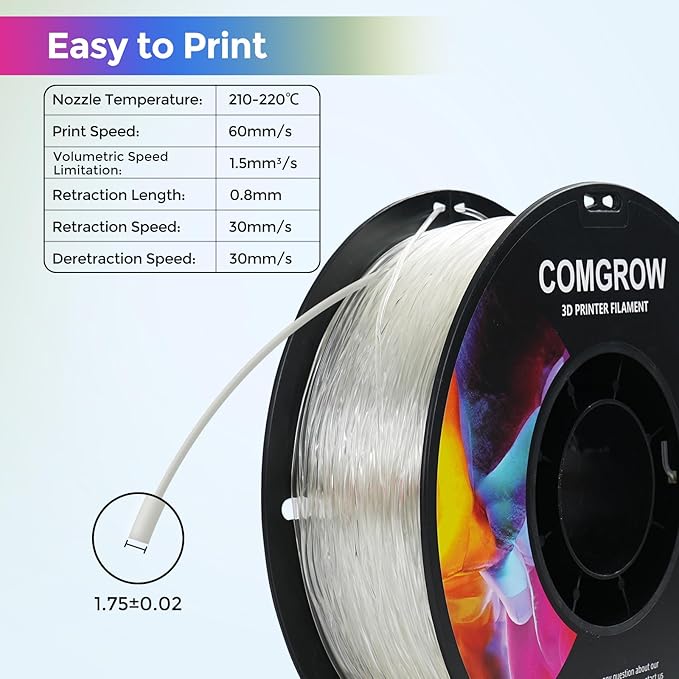 Comgrow TPU Filament 1.75, Flexible 95A Soft 3D Printing Filament fit Most 3D Printers Dimensional Accuracy +/- 0.02mm TPU Transparent1kg (2.2lbs) - Image 2