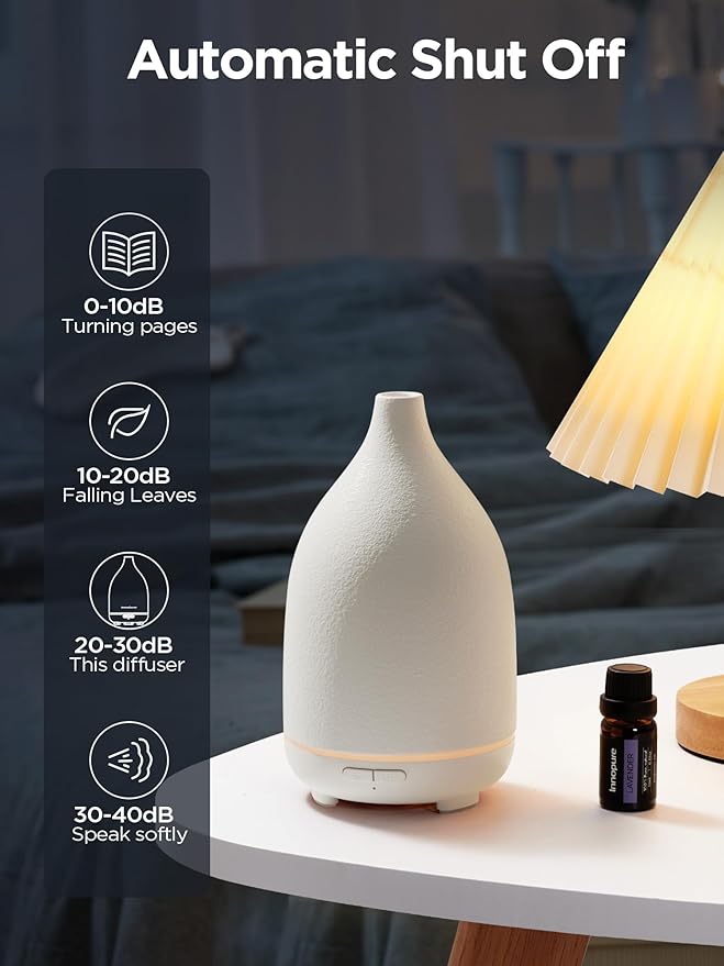 InnoGear Oil Diffuser, 150ML Ceramic Diffuser for Essential Oils Handcrafted Aromatherapy Diffuser Ultrasonic Cool Mist Humidifier with 2 Mist Modes Waterless Auto Off for Room Office, White Base - Image 7