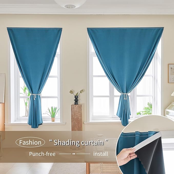 Magic Tape Stick on Portable Curtains for Windows,Bedroom Blackout Curtains for - Thermal Lnsulated No Drill Curtains Room Darkening Black Small Drapes(1 Panels,47Wx54L inch-Dark Blue) - Image 9