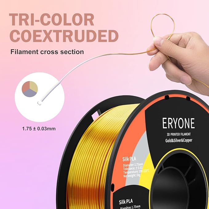 ERYONE Silk Tri Color PLA Filament 3D Printer 1.75mm +/- 0.03mm, Multicolor Filament Tricolor PLA 1KG(2.2lbs) Cardboard Spool, Gold Silver Copper - Image 4