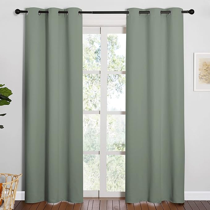 NICETOWN 84 inches Blackout Curtains for Office and Theater, Thermal Insulated Solid Grommet Drapes for Living Room (Greyish Green, 1 Pair, 42 inches Wide) by NICETOWN
