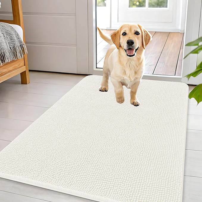 OLANLY Dog Door Mat for Muddy Paws 44x32, Absorbs Moisture and Dirt, Absorbent Non-Slip Washable Doormat, Quick Dry Chenille Mud Mat for Dogs, Entry Indoor Entryway Carpet for Inside Floor, Ivory by OLANLY