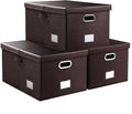 PRANDOM Collapsible Storage Box with Lid [3-Pack] Leather Fabric Foldable Storage Bin Organizer Container Basket Cube with Cover for Home Bedroom Closet Office Nursery Brown(22.8X15.7X11.8) by Prandom