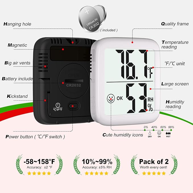 Antonki 2 Pack Room Thermometer for Home, Hygrometer Indoor Humidity Meter Gauge, Digital Temperature and Humidity Sensor Monitor for House, Terrarium, Incubator, Greenhouse - Battery Included - Image 6