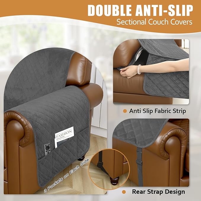 Arfntevss Waterproof Sectional Couch Covers L Shape Washable Velvet Sofa Cover for Sectional Non Slip Large Corner Slipcovers Dog 6 Pcs Universal U Shaped Furniture Protector (Dark Grey, XX-Large) - Image 4
