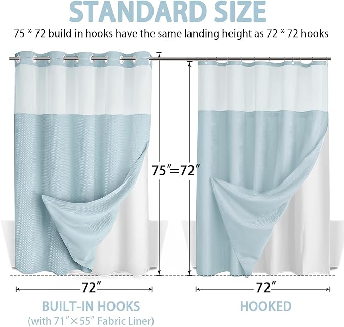 No Hook Shower Curtain and Liner Set,Teal Hotel Waffle Shower Curtain with Liner 75" L x 72" W - Image 6