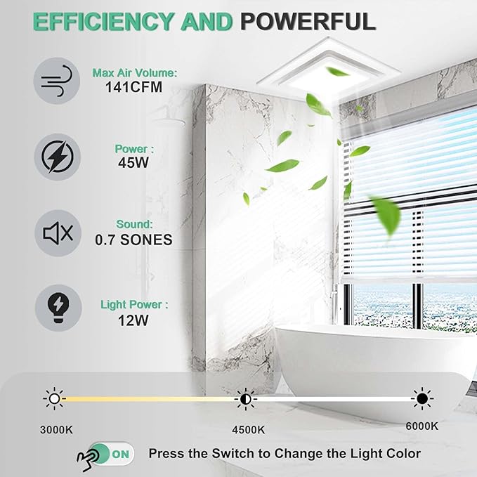 Bathroom Exhaust Fan with Light,11.8 in Panel,12W Square LED,141 CFM,0.7 Sones,110V 45W Quiet Bathroom Ventilation Exhaust Fan for Shower/Restroom/Office/Home (3 Adjustable Colors LED) - Image 4