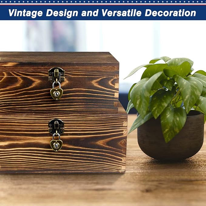 Wooden Box with Lock and Keys Hinged Lid Treasure Chest Memory Hobby Preservation Rustic Decorative Archival Organizer Jewelry Gadget Trinkets Keepsake Wood Storage Boxes 2 Pack Smokey Color - Image 8