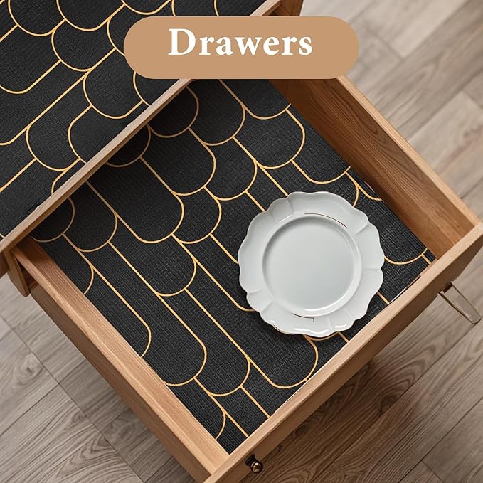 Shelf Liners for Kitchen Cabinets Drawer Liner 17.5in x 30FT Non Adhesive Black Gold Line Thickened Refrigerator Shelf Liner Paper Strong Easy to Clean for Tool Box with Knife and Tape Measure - Image 3