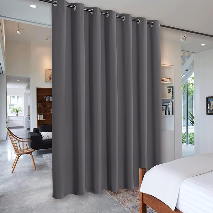 RYB HOME Privacy Curtain for Sliding Glass Door, Light Block Noise Reduce Insulated Curtain Screen Ceiling to Floor for Locker Room Basement Bedroom Closet, 100 inch Wide x 90 inch Long, Grey by RYBHOME