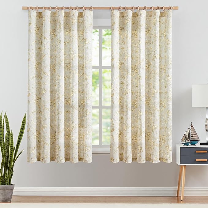 jinchan Floral Curtains 63 Inch Length Mustard Yellow Flower Linen Farmhouse Curtain for Living Room French Country Vintage Curtain Rod Pocket Curtains Set 2 Panels Floral Printed - Image 2